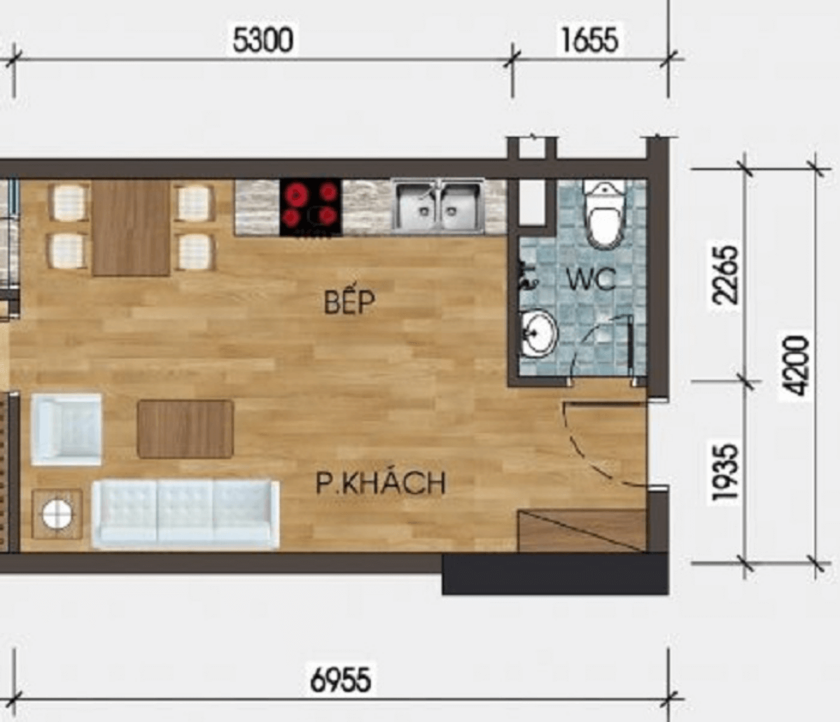 phòng khách và bếp 20m2