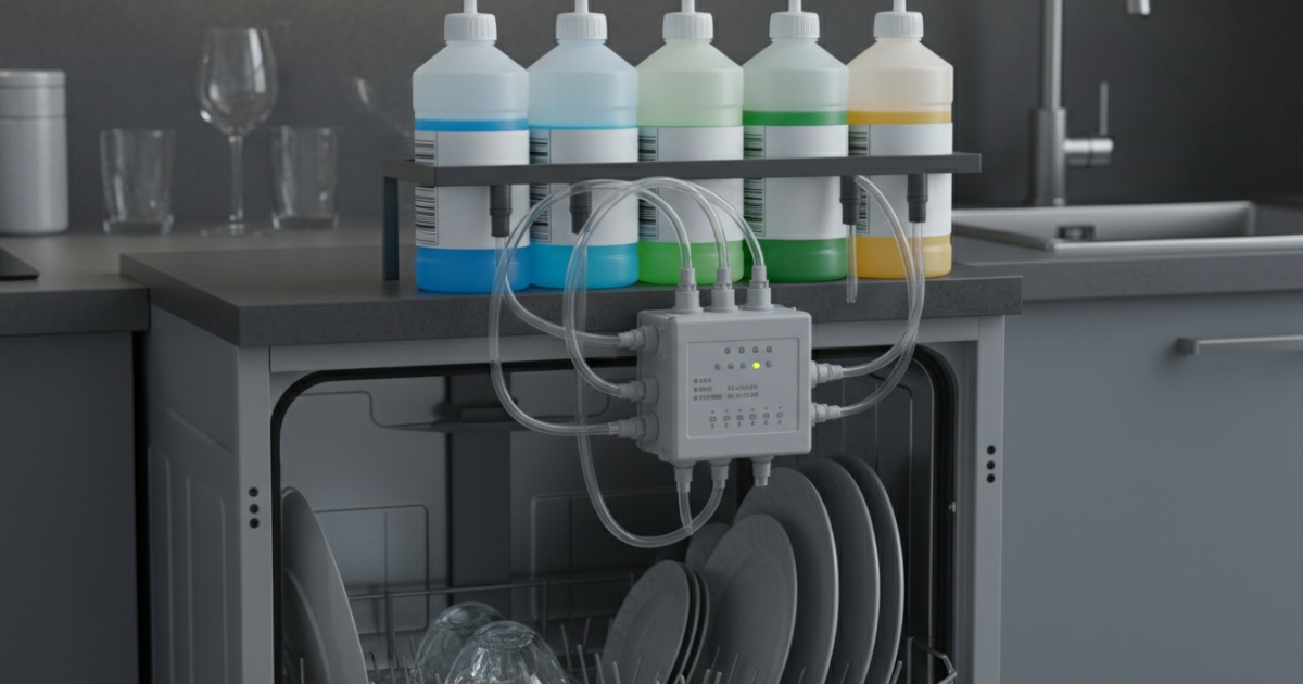 Tìm hiểu cấu tạo máy rửa bát công nghiệp: chìa khóa hiệu suất vượt trội 3 Hóa chất tẩy rửa và hệ thống cấp hóa chất